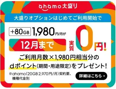 【12月まで】ahamoの大盛りオプションはじめてのご利用で実質0円キャンペーン
